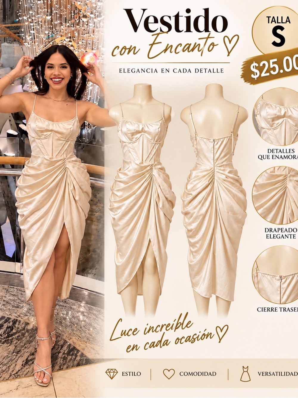 Elegant Cream Satin Midi Dress with Draped Ruching